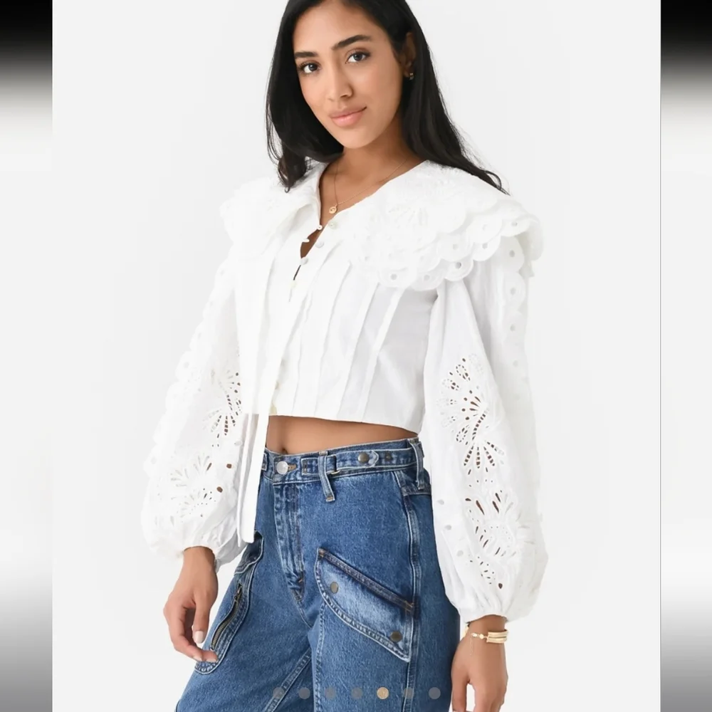 FARM RIO Richelieu Big Collar Off White Battenberg Lace Blouse M RARE SRP $240 - Picture 8 of 16